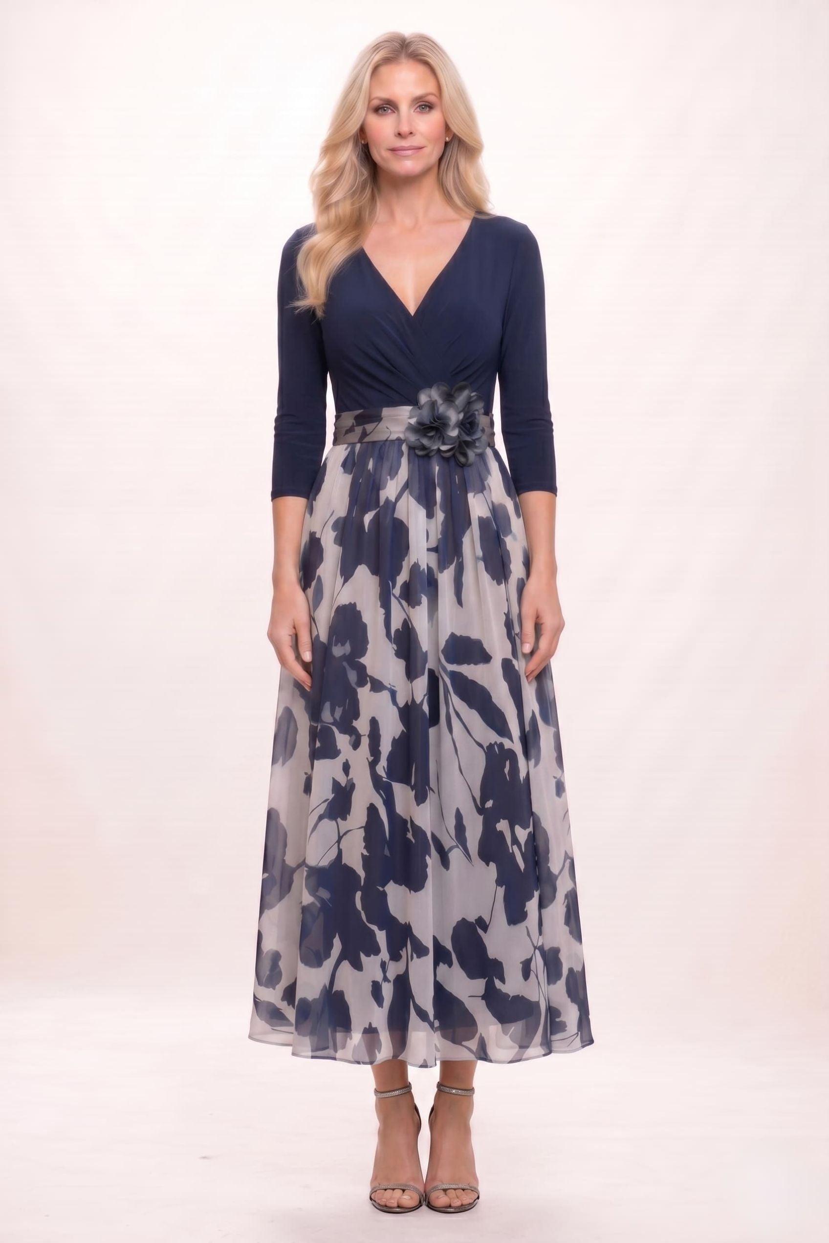 A-Line Ankle Length Stretch Satin Printed Chiffon Mother of the Bride Dress CM0444 - Dark Navy - COCOMELODY